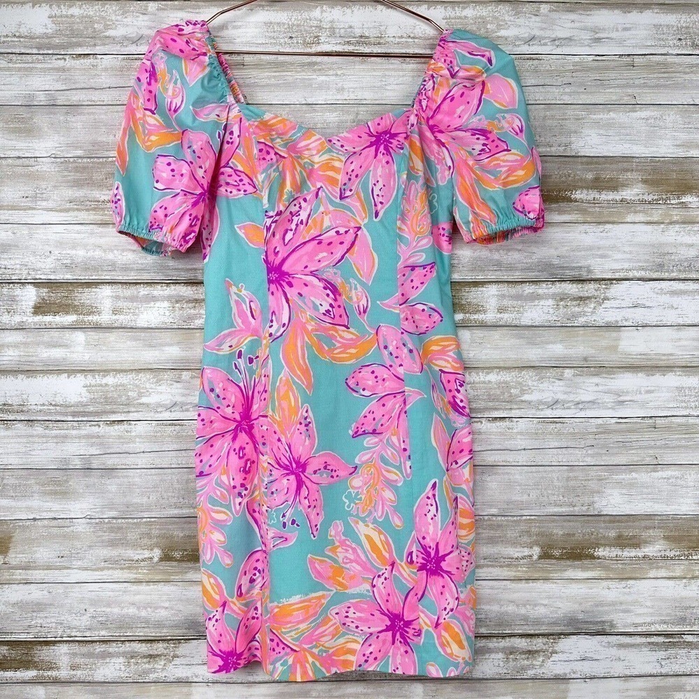Lilly Pulitzer Lunetta Puff Sleeve Dress Stretch Surf‎ Blue Bonita Blooms Size 0